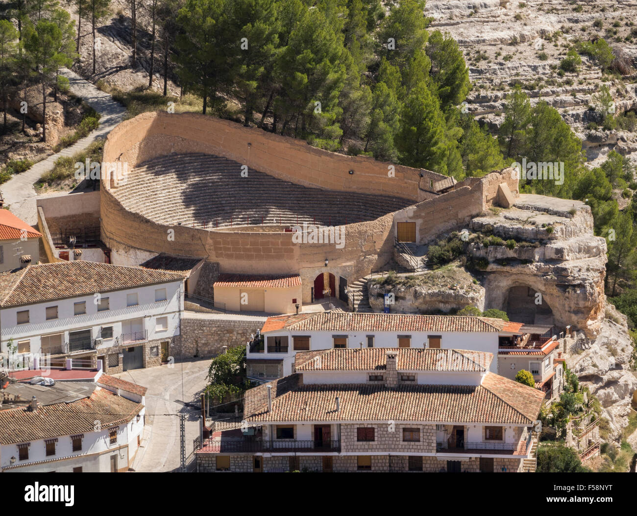 Bullring in the hilltop town of Alcala del Jucar in Castilla-La Mancha, Spain, Europe Stock Photo
