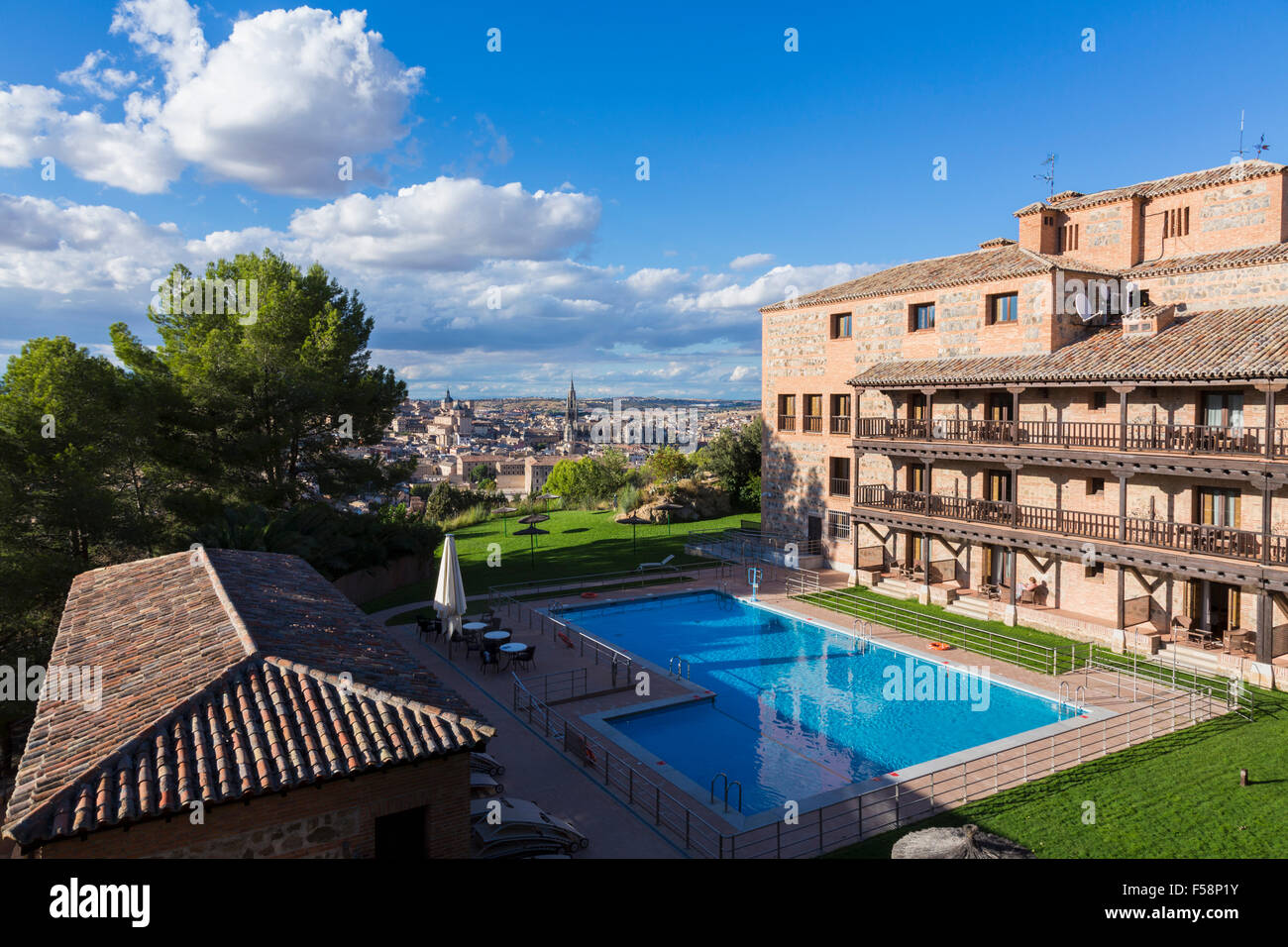 Parador de Toledo hotel with pool and dramatic overview of the city of Toledo, Spain, Europe Stock Photo