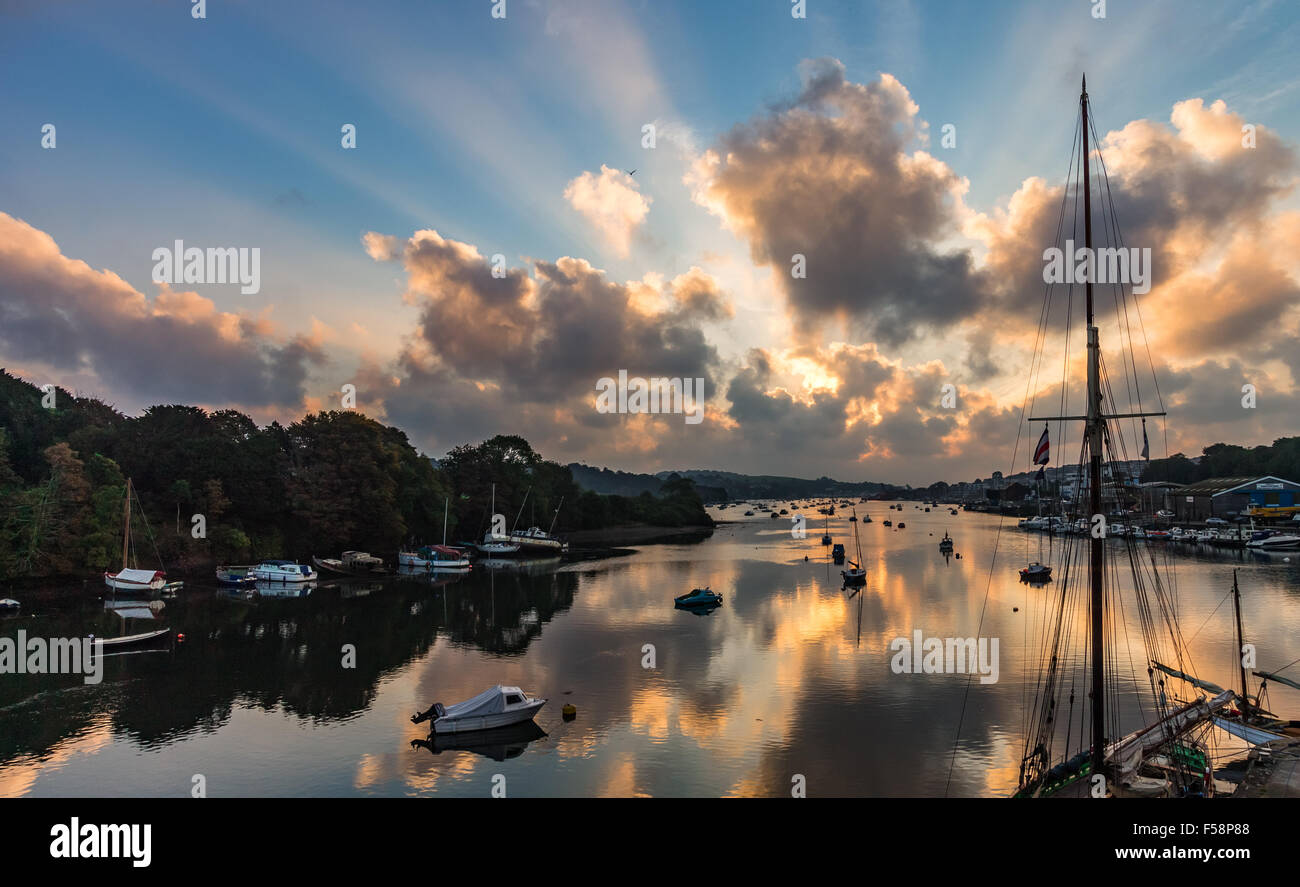 Sunrise and reflections on the Penryn river in Cornwall, UK. Stock Photo