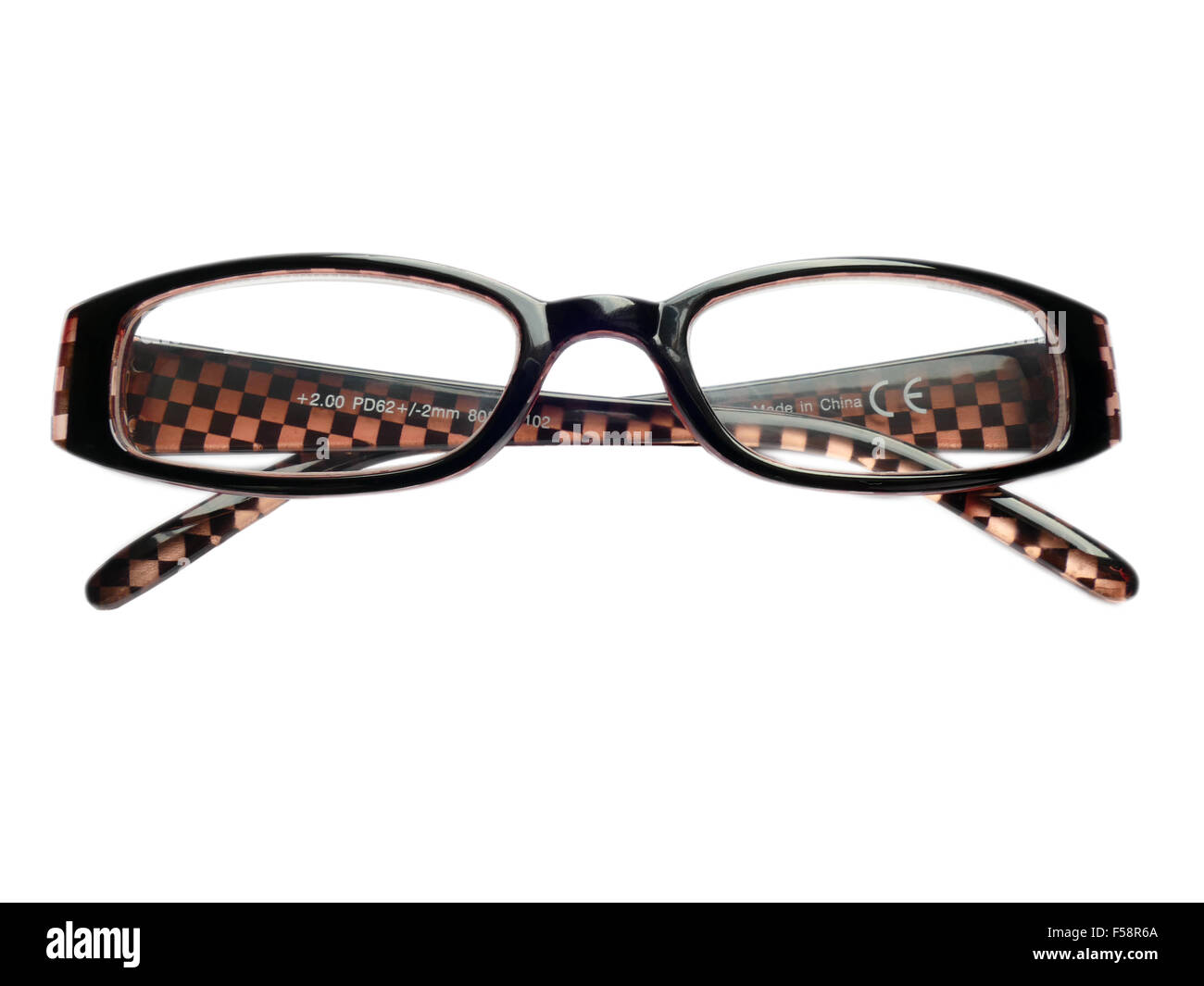 Pair eye glasses, reading glasses, eyeglass frames, 2.0 isolated on white. Made in China. Stock Photo