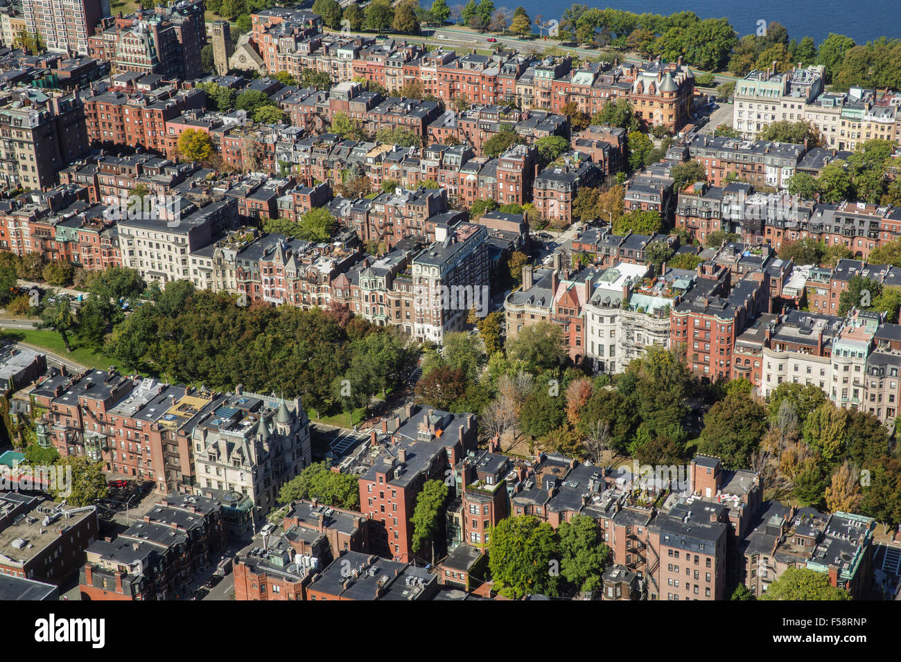 Aerial view of the Back Bay area in Boston, Massachusetts on a sunny
