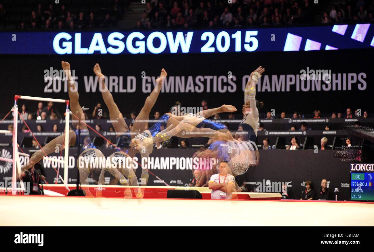 Glasgow, Scotland, UK. 29th October, 2015. multiple exposure of the floor exercise. Womens All-Around final. 2015 FIG artistic gymnastics world championships. SSE Hydro. Glasgow. Scotland. UK. 29/10/2015. Credit:  Sport In Pictures/Alamy Live News Stock Photo