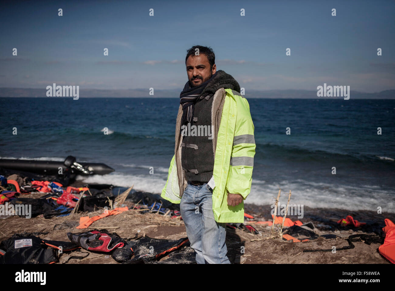 Lesvos, Greece. 30th Oct, 2015. Volunteer Faruk Divelli, 48, came from Bolton near Manchester in the UK to help the refugees that reach the island of Lesvos, Greece, 30 October 2015. 'It is unbelievable that we are only volunteers here that are helping. We need medicine, blankets and water for the refugees?, he says. Lesvos, Greece on the 30th of October 2015. Foto: Socrates Baltagiannis/dpa/Alamy Live News Stock Photo