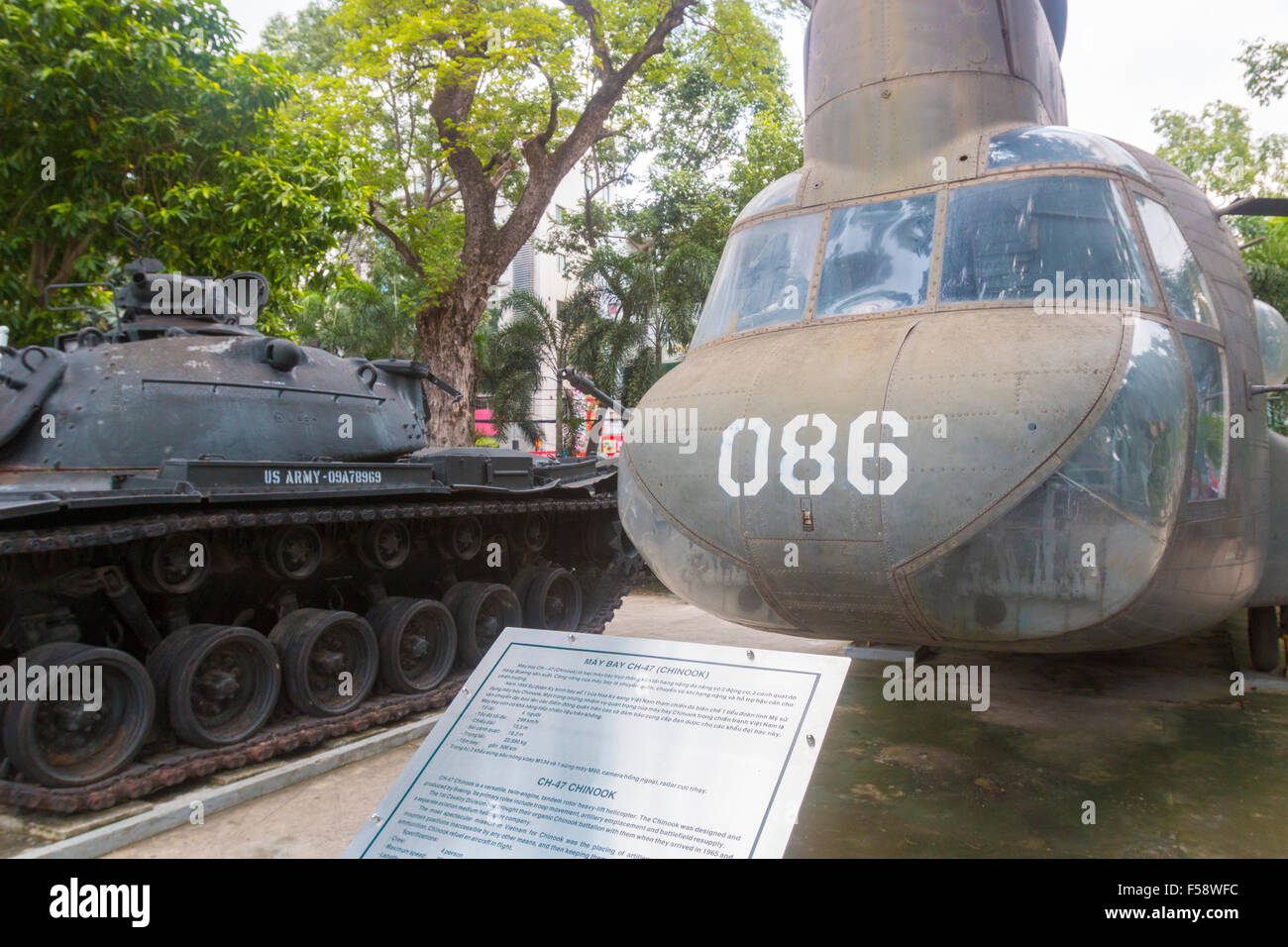 War Remnants Museum in Ho Chi Minh city ( formerly Saigon) with american chinook helicopter and tank,Vietnam Stock Photo