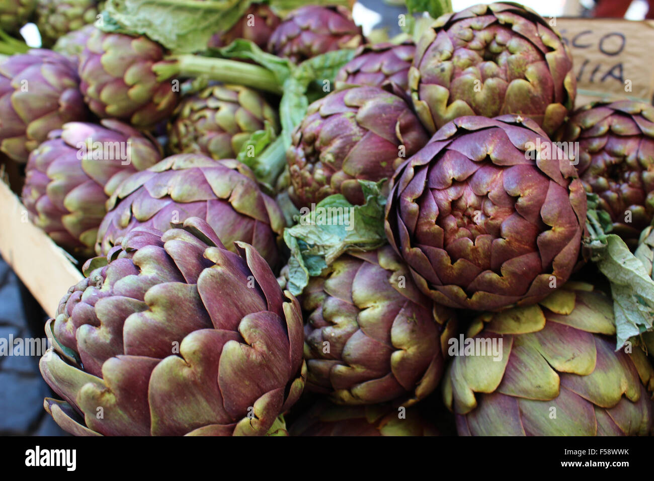 artichokes in the famous Italian market Campo de Fiori in Rome Stock