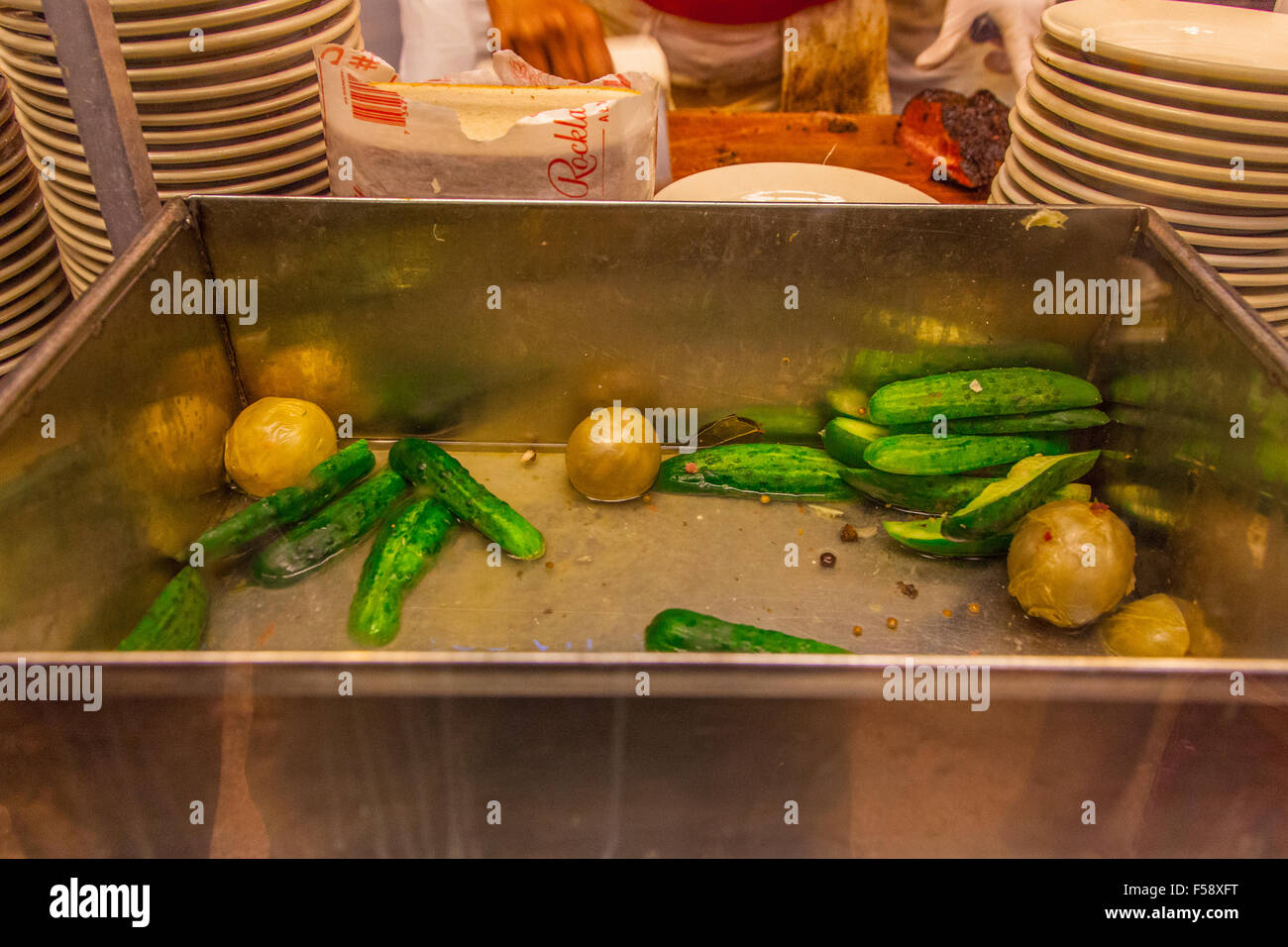 Pickles at Katz's Deli, A Delicatessen diner on the Lower East Side