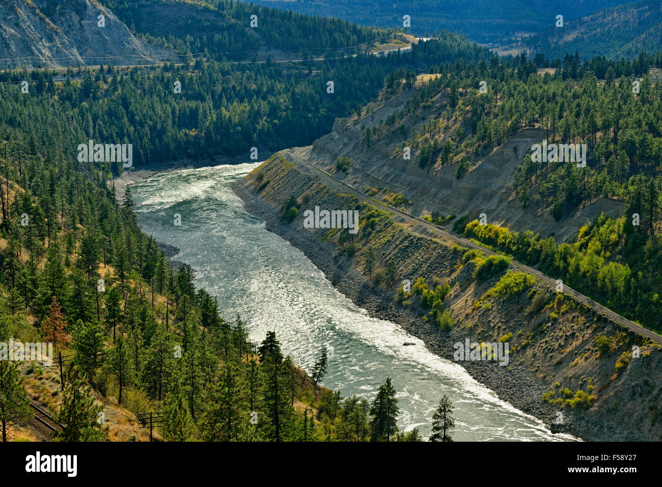 Thompson River Valley and rail lines, Highway 1 Quesnel to Hope, British Columbia, Canada Stock Photo