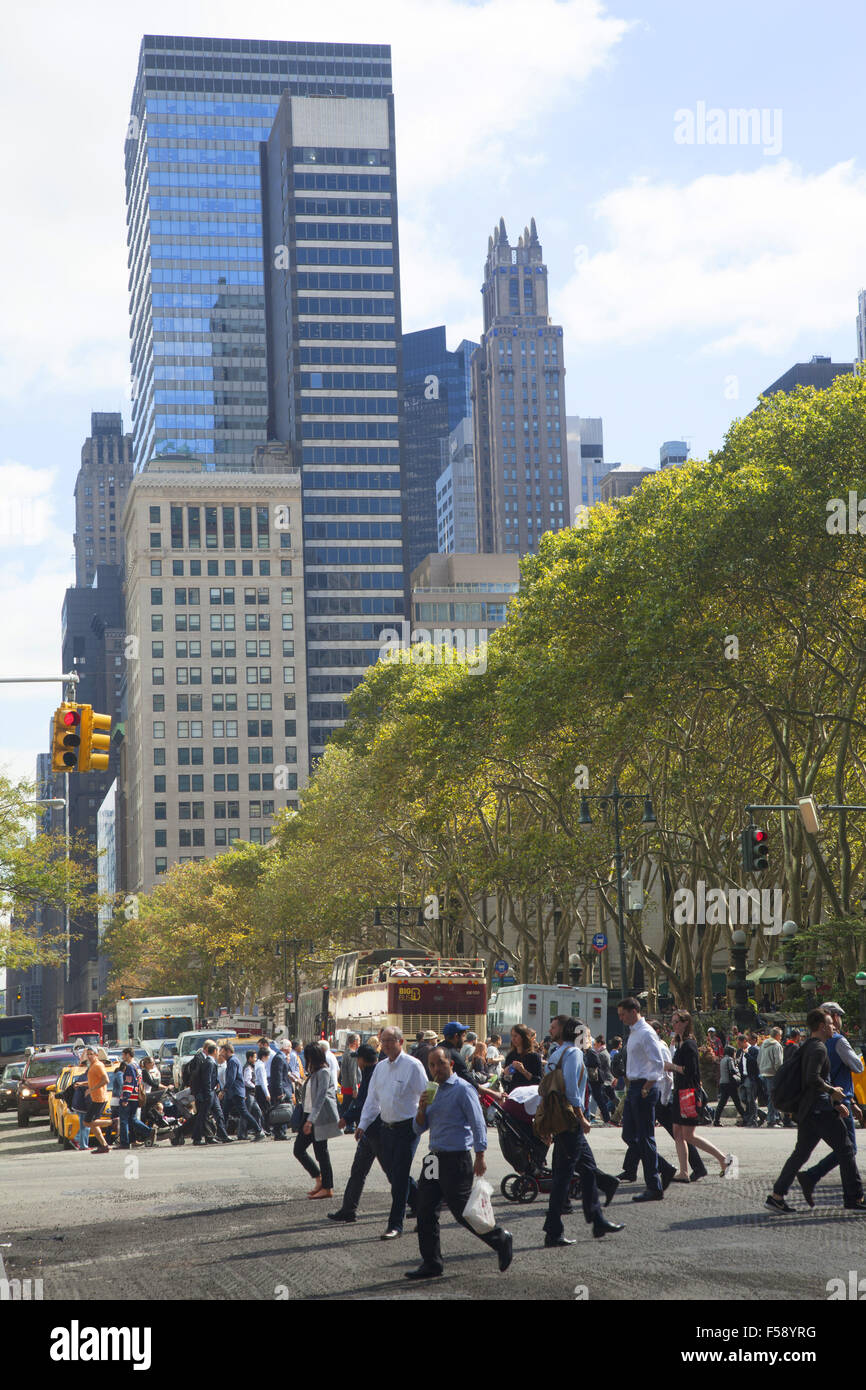 Trees line Bryant Park along 42nd Street by 6th Avenue in New York City ...