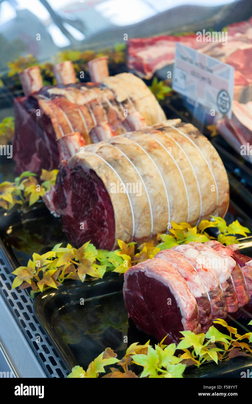 Meats on display in The Butchery, Jimmy's Farm, Wherstead, Ipswich, UK