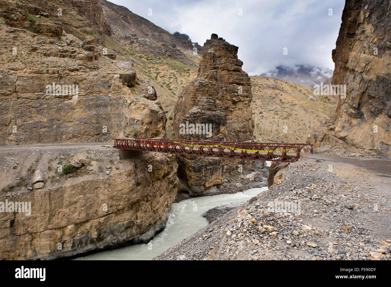 India, Himachal Pradesh, Spiti Valley, Bailey Bridge over Gyundi, tributary of Spiti River Stock Photo