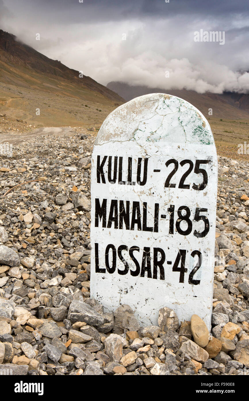 India, Himachal Pradesh, Spiti Valley, milestone, distance to Manali, Kullu and Losar in kilometer Stock Photo