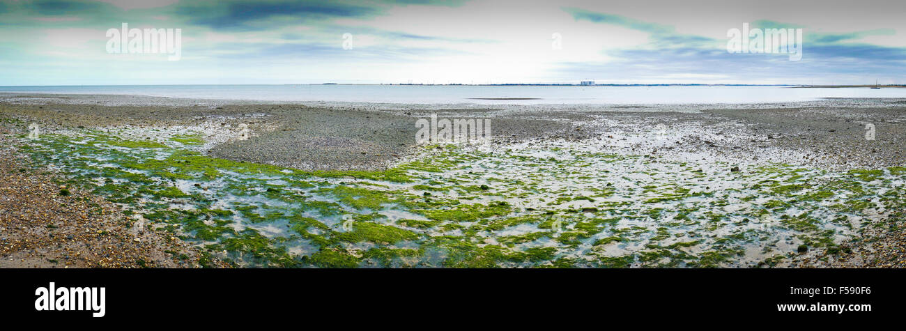 The mouth of the river Blackwater in Essex at low tide. Bradwell nuclear power station can be seen in the far distance Stock Photo