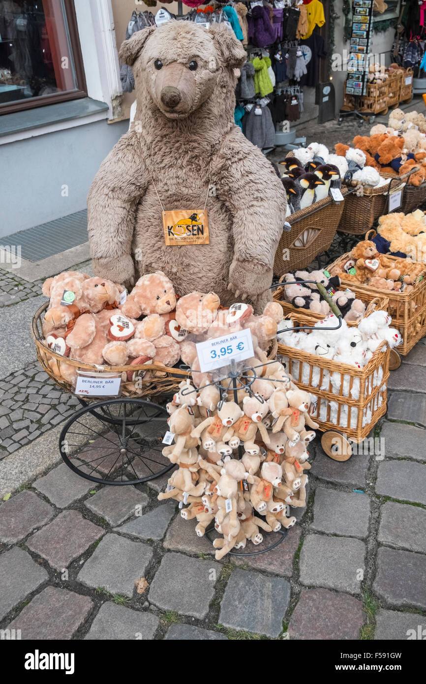 Tourist souvenir shop selling german toy bears, Nikolaiviertel Quarter, Mitte, Berlin, Germany. Stock Photo