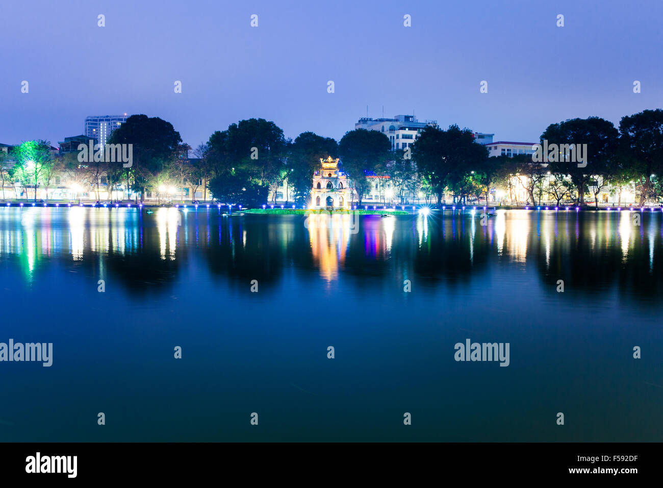 Tortoise Tower (Vietnamese: Tháp Rùa) is a small tower in the middle of Sword Lake, Hanoi, Vietnam. Stock Photo