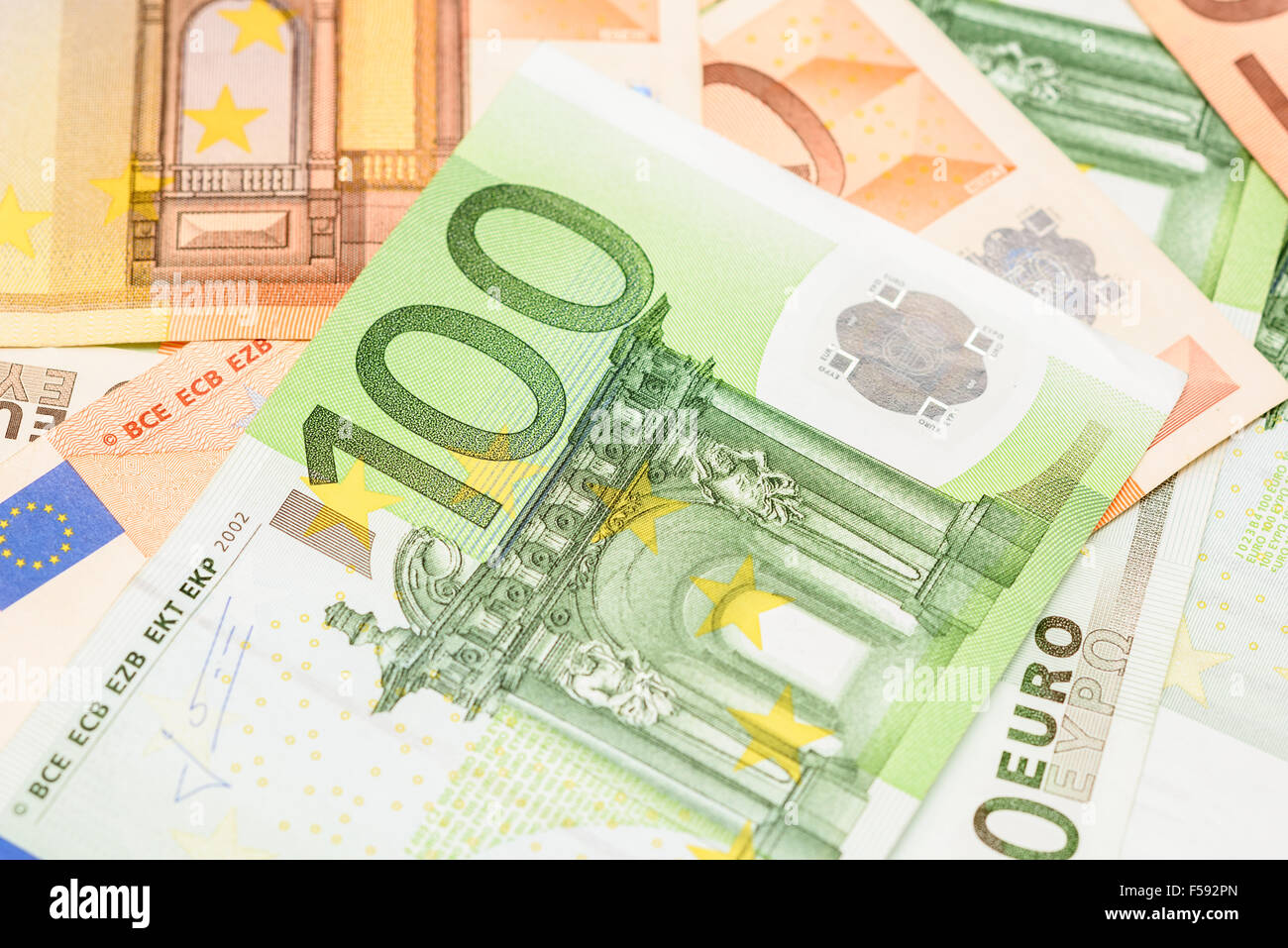 One Hundred Euro Banknote On Euro Bills Background Stock Photo