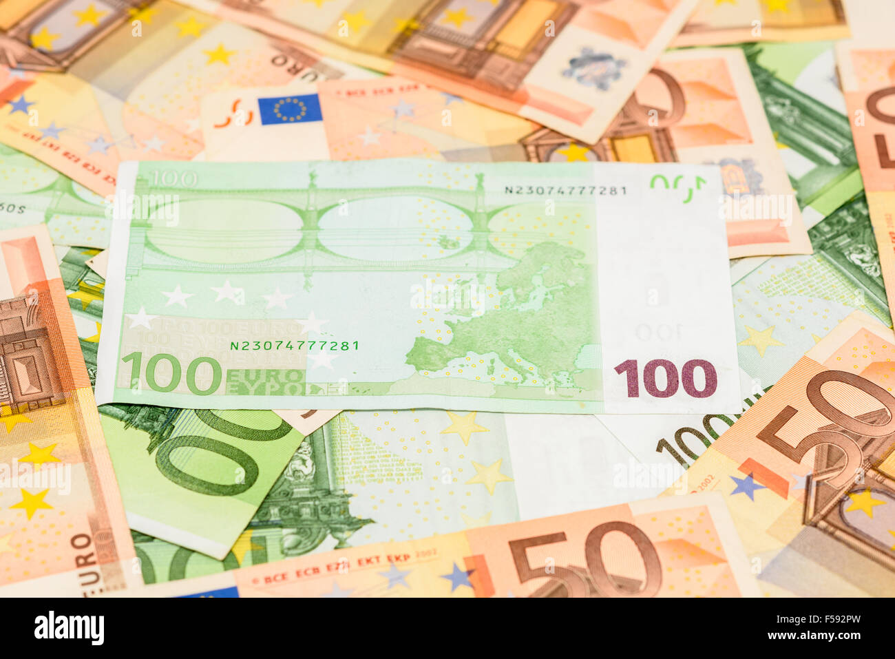 One Hundred Euro Banknote On Euro Bills Background Stock Photo