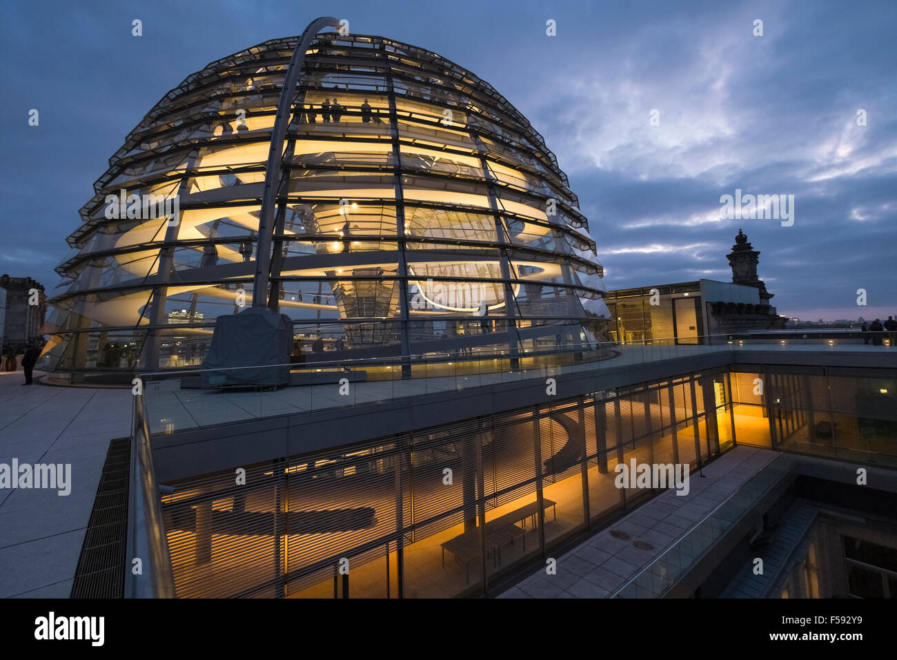 Modern architecture of glass dome structure at twilight, Reichstag roof terrace, Berlin, Germany, Europe Stock Photo