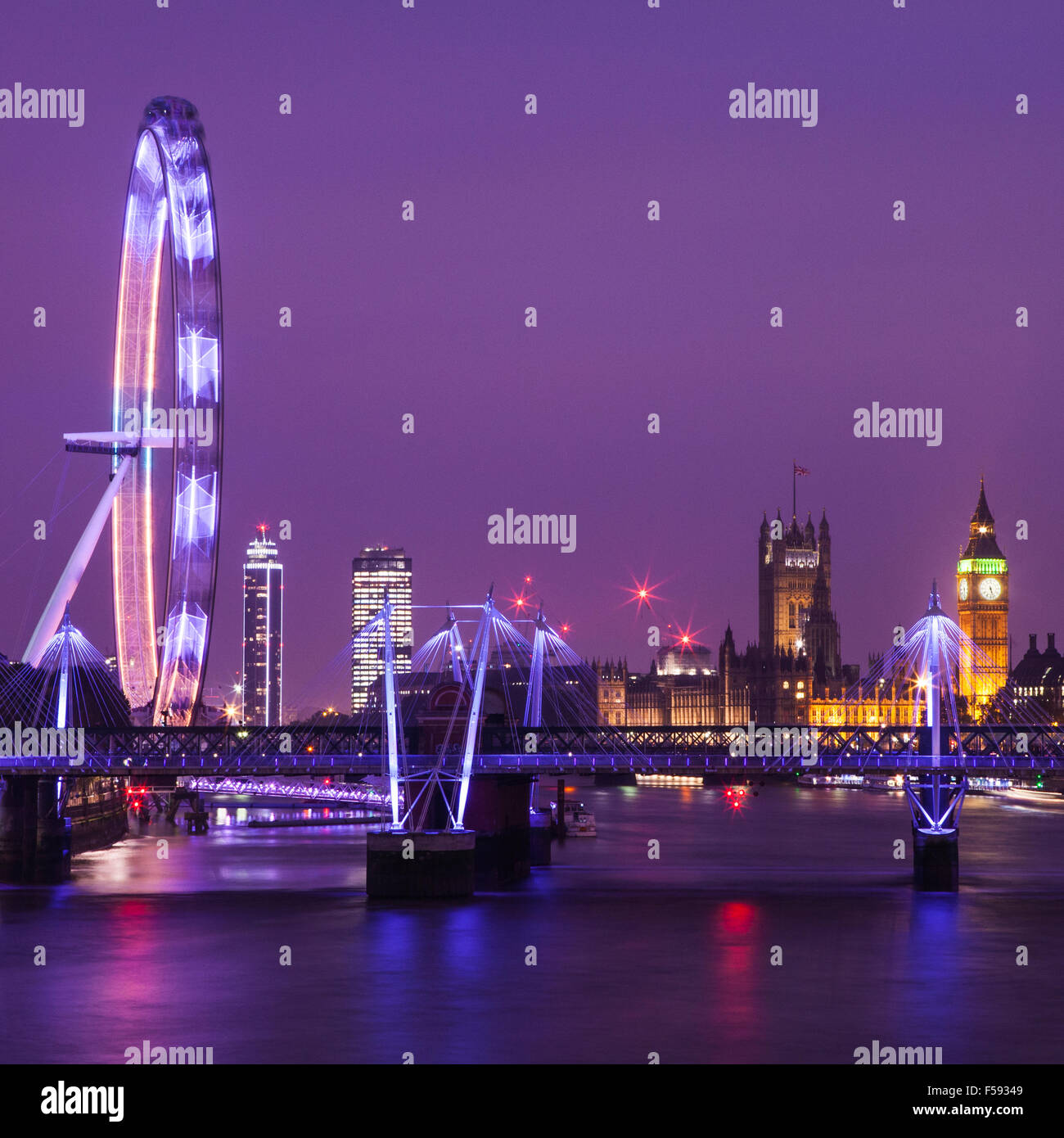 An evening view of London taking in the sights of the Houses of