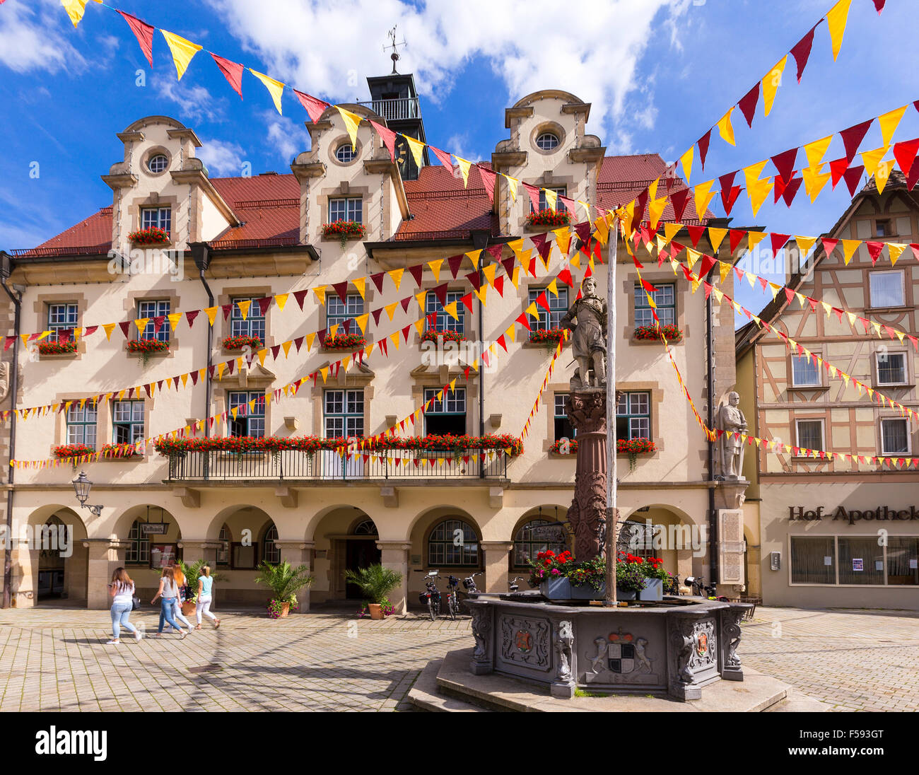 City hall and market fountain, historic centre, Sigmaringen, Baden-Württemberg, Germany Stock Photo