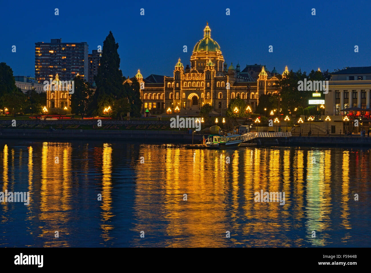 BC Parliamnet Buildings reflected in the Inner Harbour, Victoria , British Columbia, Canada Stock Photo