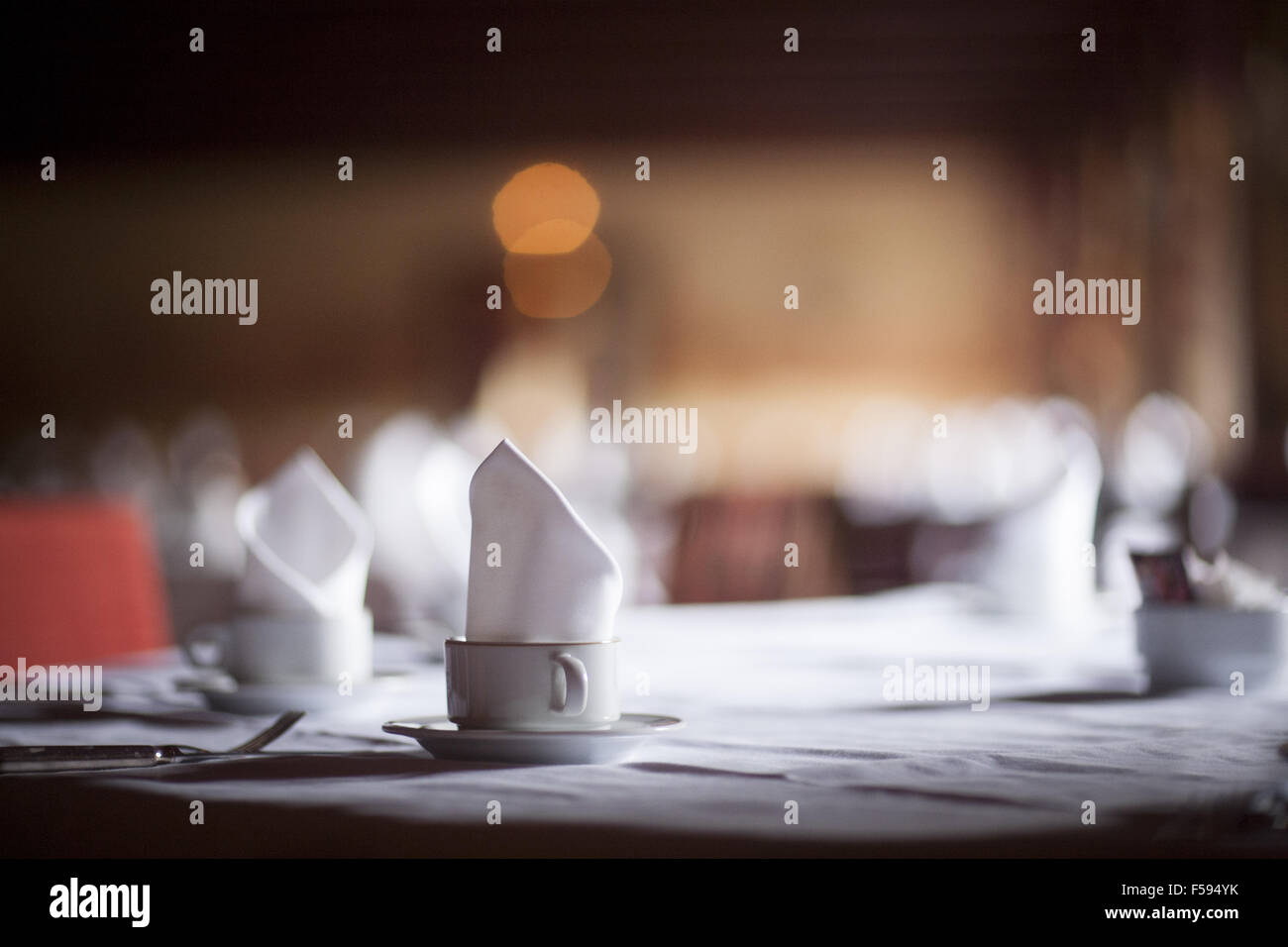 Coffee tea cup on wedding marriage reception banquet table with saucer ...