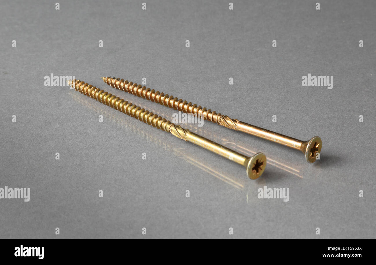 two brass wood screws shown on a reflective surface Stock Photo