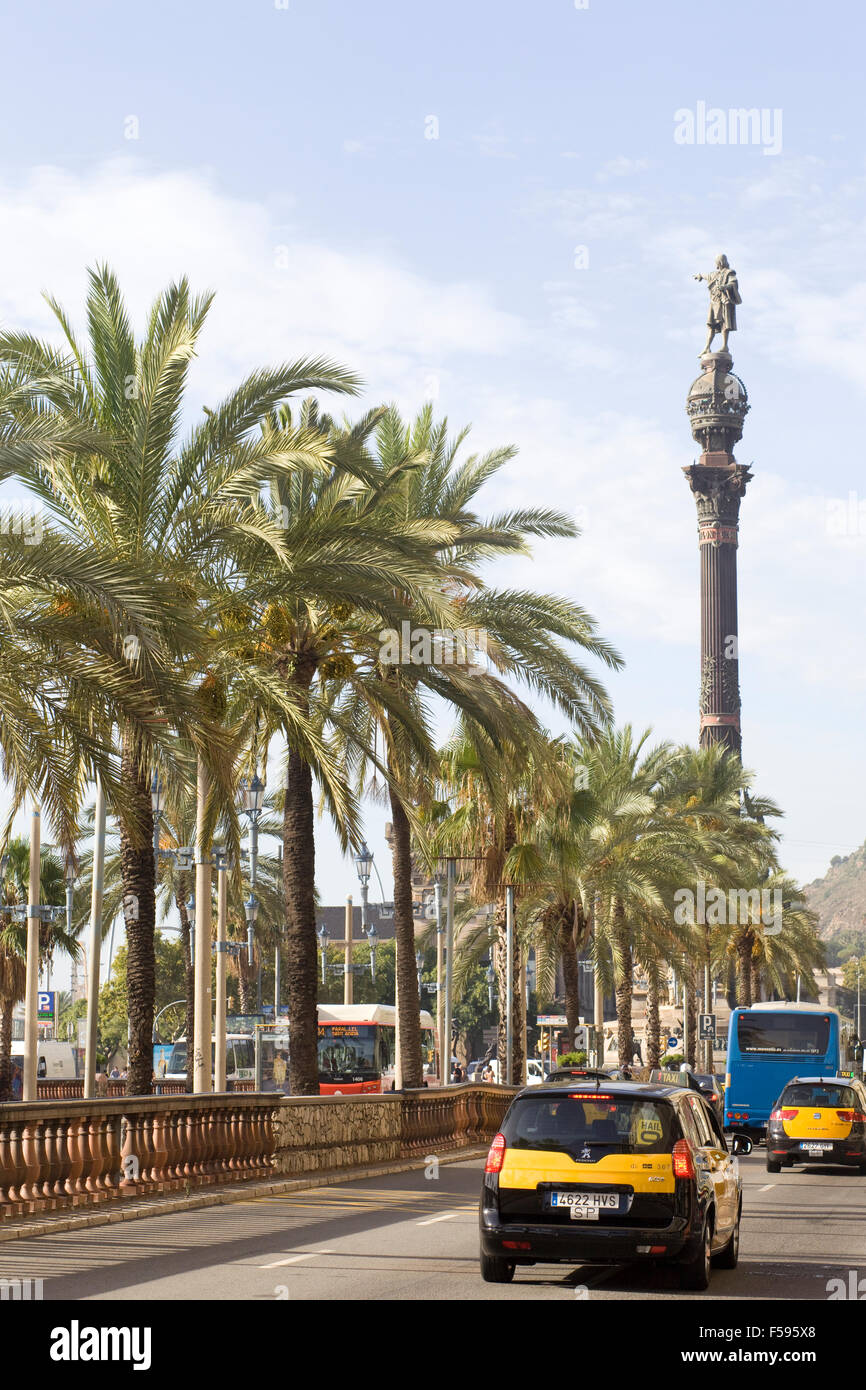 Taxi cabs on the main Harbor road in Barcelona Stock Photo