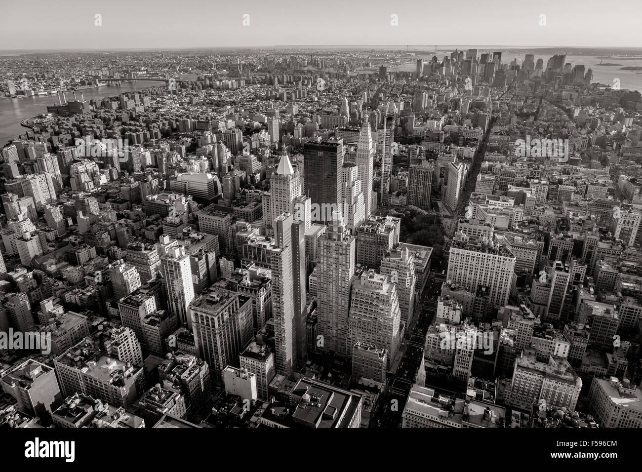 Black and white aerial view of New York City skyscrapers with Midtown, Chelsea, East Village and Lower Manhattan. NYC Stock Photo