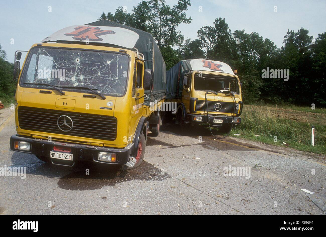 Ex Yugoslavia, Slovenia independence war in July 1991, trucks destroyed during an ambush to Serbian federal army  by Slovenian militia in the forest of Krsko Stock Photo