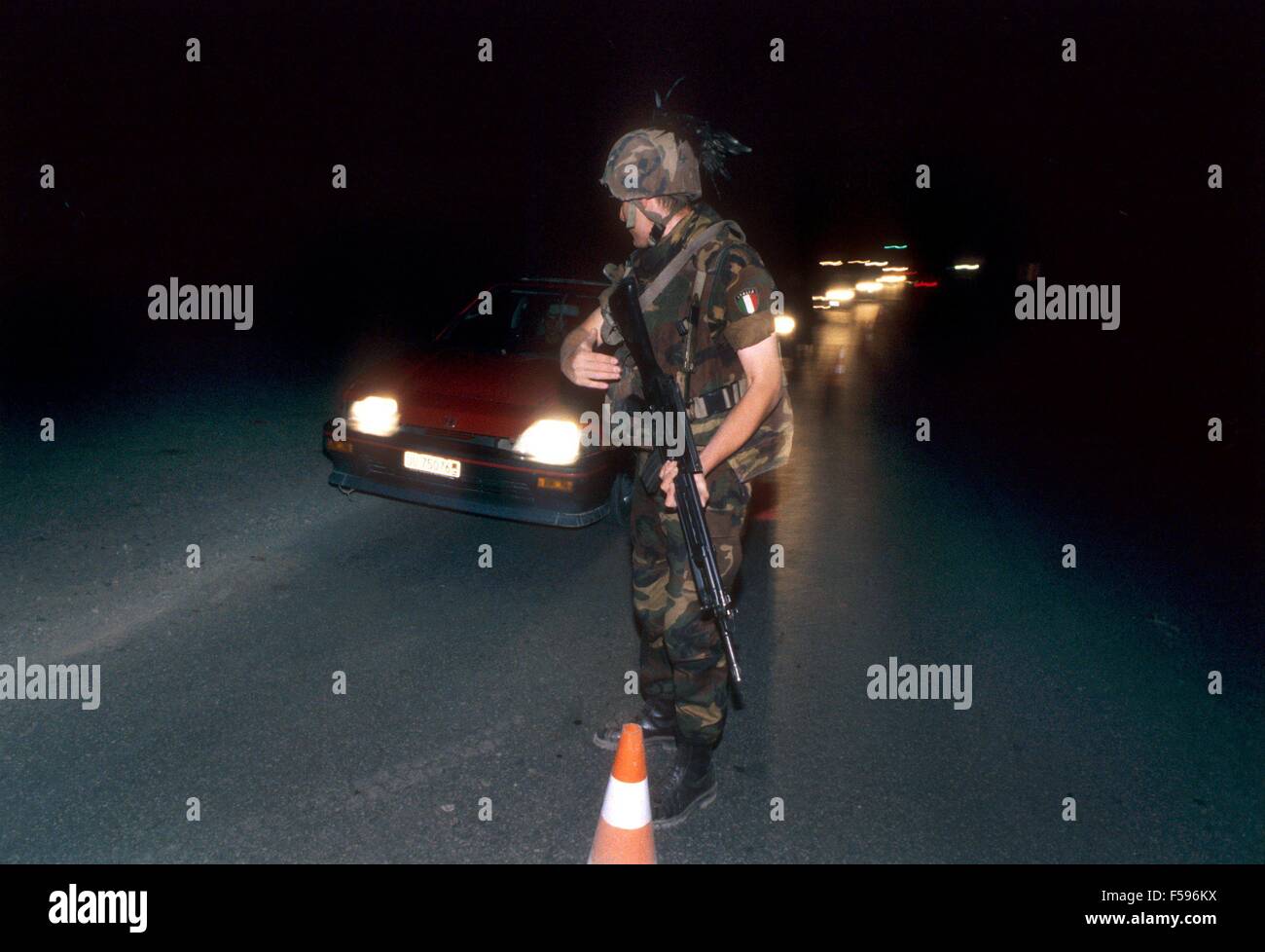 NATO intervention in Kosovo, July 2000, night patrol of Italian soldiers in support to international UN police Stock Photo