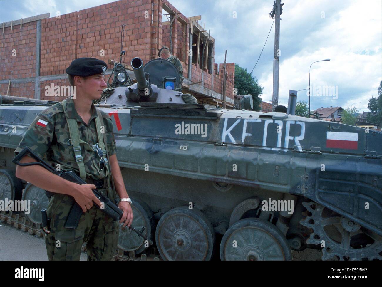 NATO intervention in Kosovo, July 2000, checkpoint of the Polish army  in Mitroviza town Stock Photo