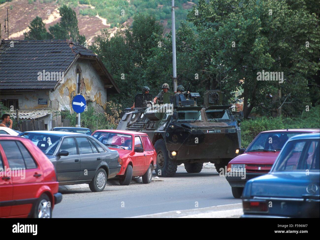 NATO intervention in Kosovo, July 2000, armored vehicle of the French army patrol Mitroviza town Stock Photo