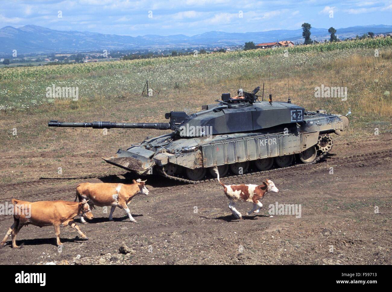NATO intervention in Kosovo, July 2000, British tanks Challenger at the border with the Serbia near city of Podujevo Stock Photo
