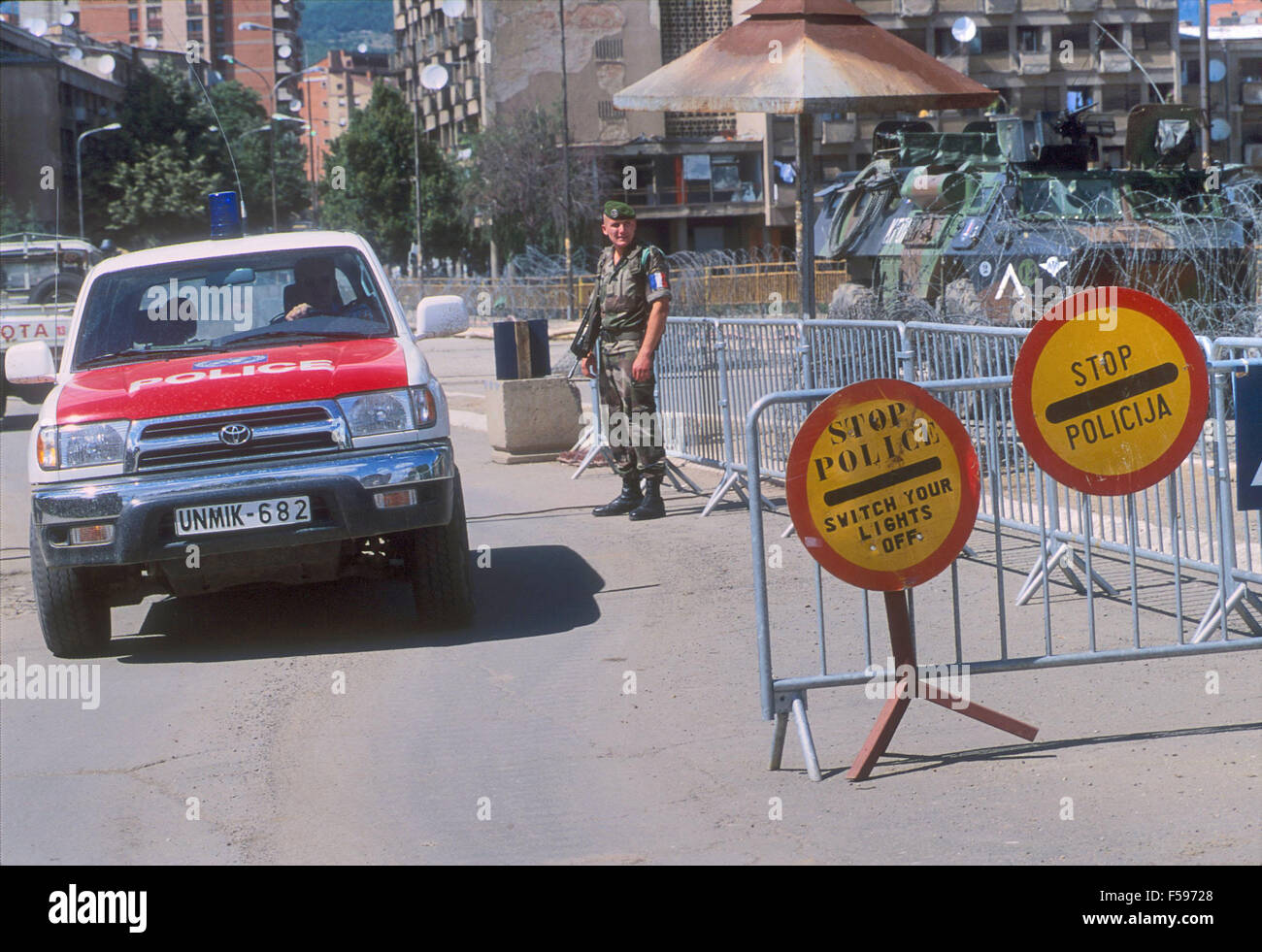 NATO intervention in Kosovo, July 2000, checkpoint of the French army on bridge of Mitroviza that divides the Serbian and Albanian sides of the city Stock Photo