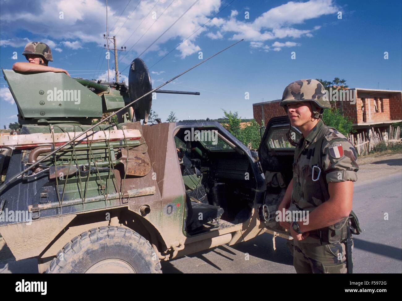 NATO intervention in Kosovo, July 2000, checkpoint of the French army near Mitroviza town Stock Photo