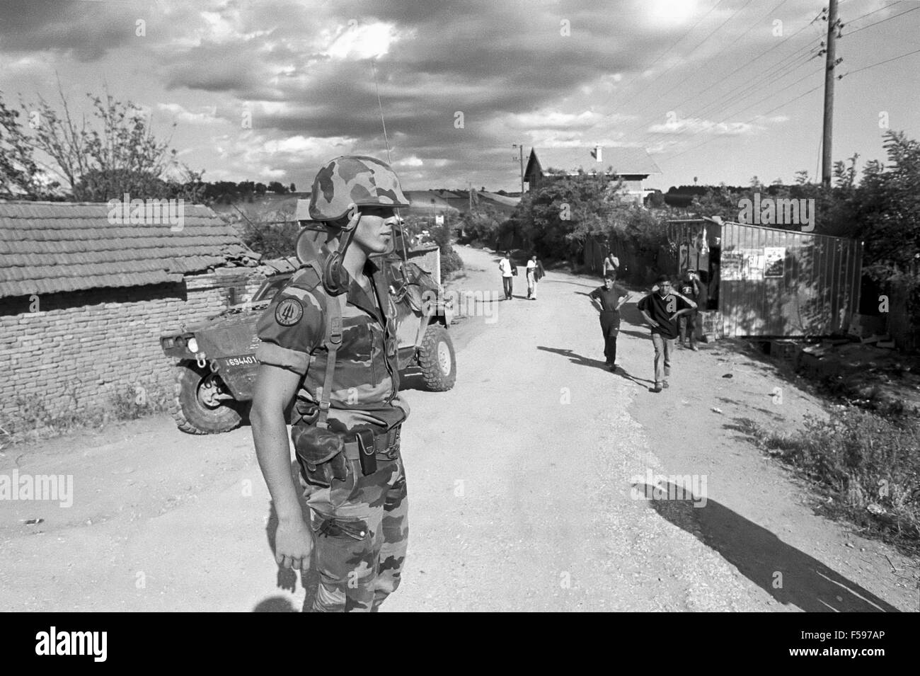 NATO intervention in Kosovo, July 2000, checkpoint of the French army near Mitroviza town Stock Photo