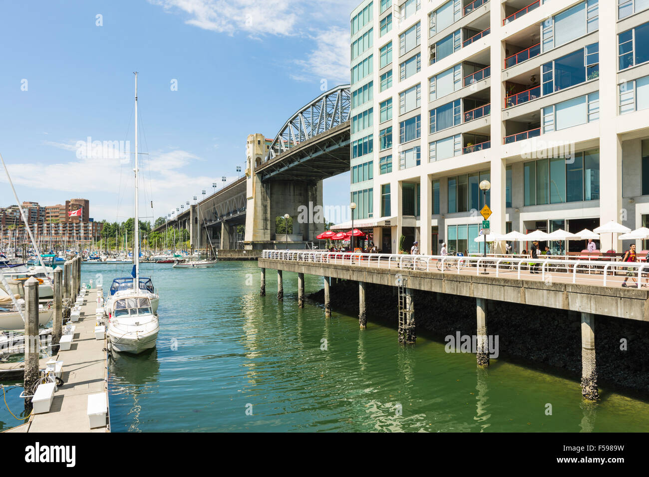 View of False Creek and Burrard Street Bridge, seen from beside 1000 Beach building, downtown Vancouver, BC, Canada Stock Photo
