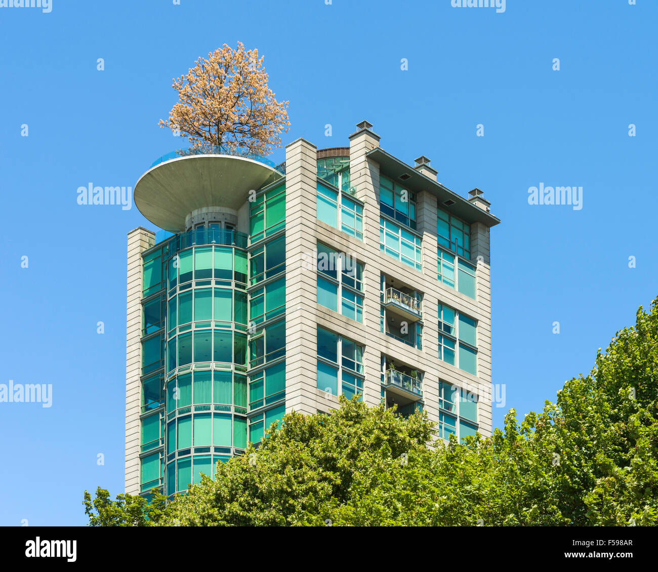 Eugenia Place apartment building with Pin Oak tree on its rooftop overlooks English Bay Beach in Vancouver BC, Canada. Dead tree was replaced in 2017. Stock Photo