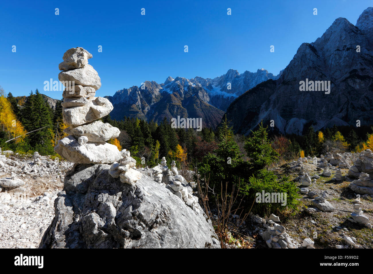 Stone tower in Slovenian alps near Vrsic Stock Photo