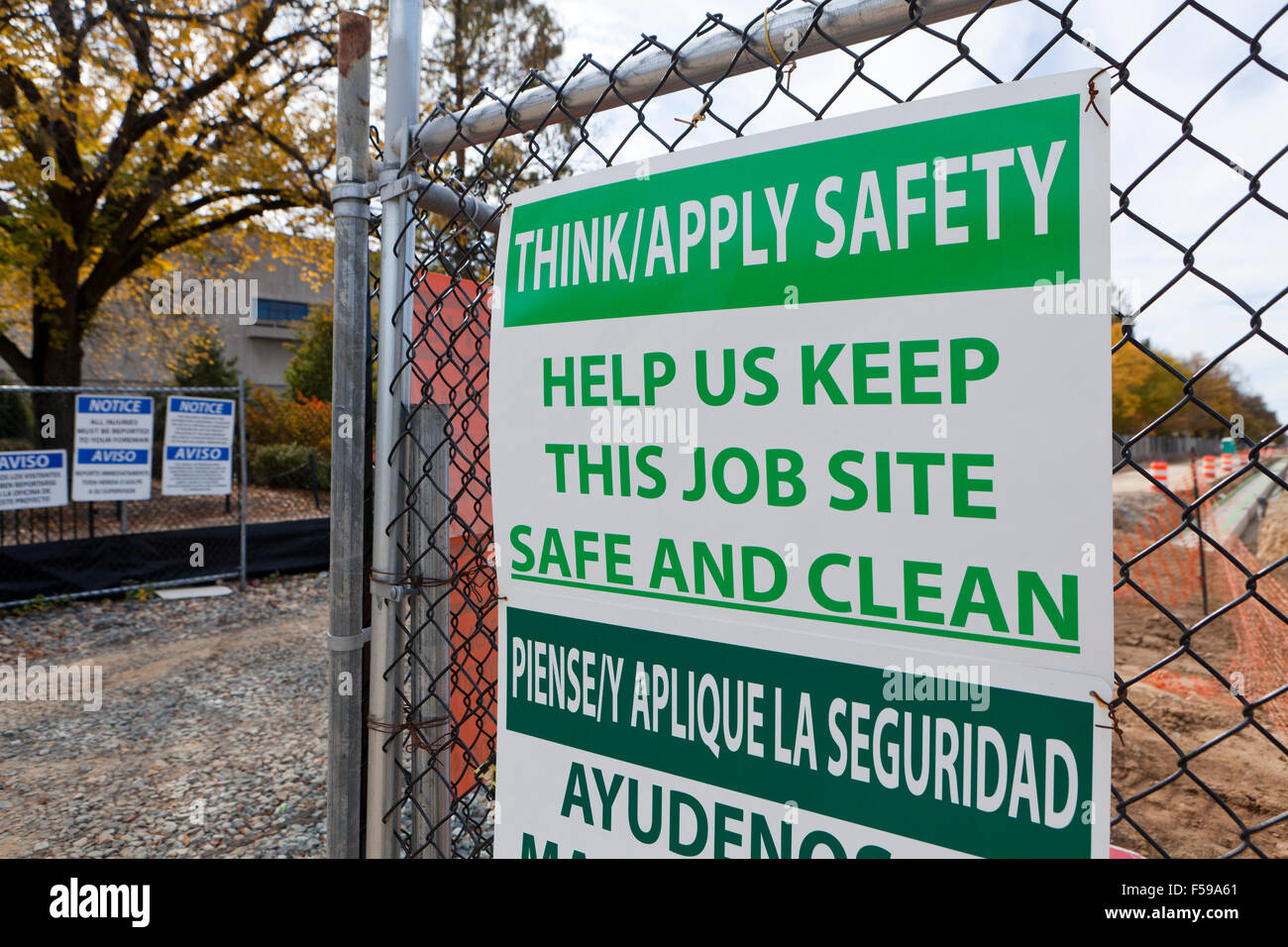Safety warning signs at construction site - USA Stock Photo