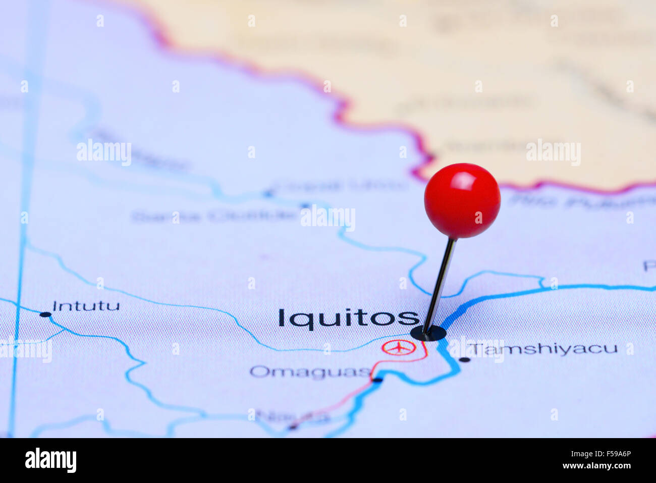 Iquitos pinned on a map of America Stock Photo
