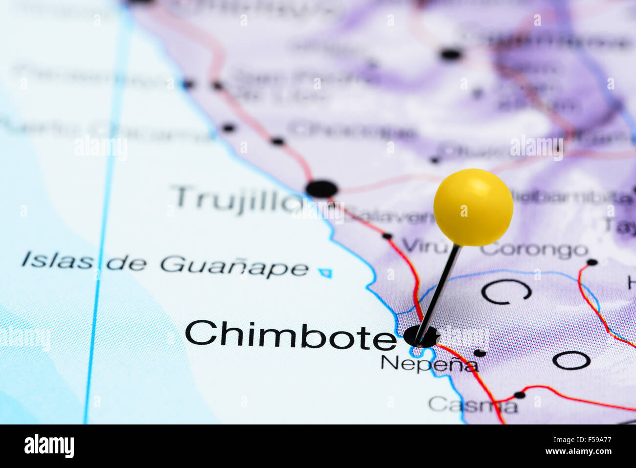 Chimbote pinned on a map of America Stock Photo