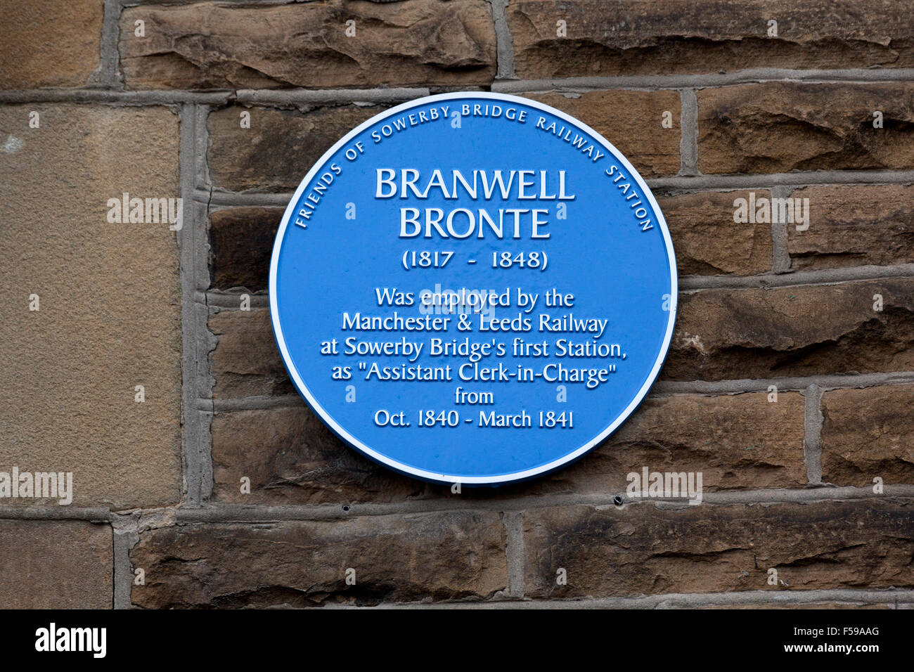 Plaque commemorating Branwell Brontë's employment at Sowerby Bridge railway station, West Yorkshire Stock Photo