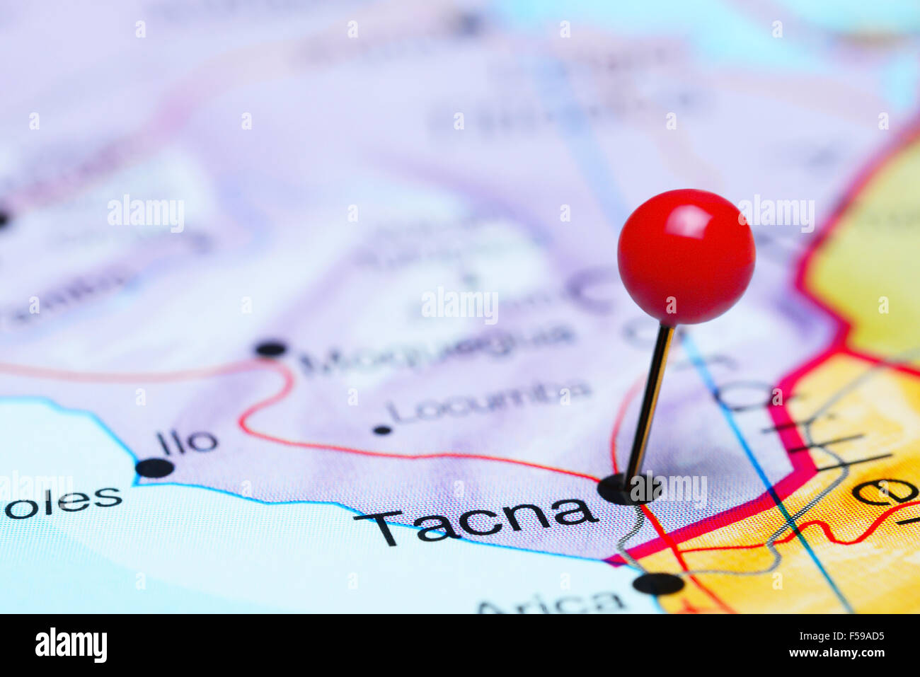 Tacna pinned on a map of America Stock Photo