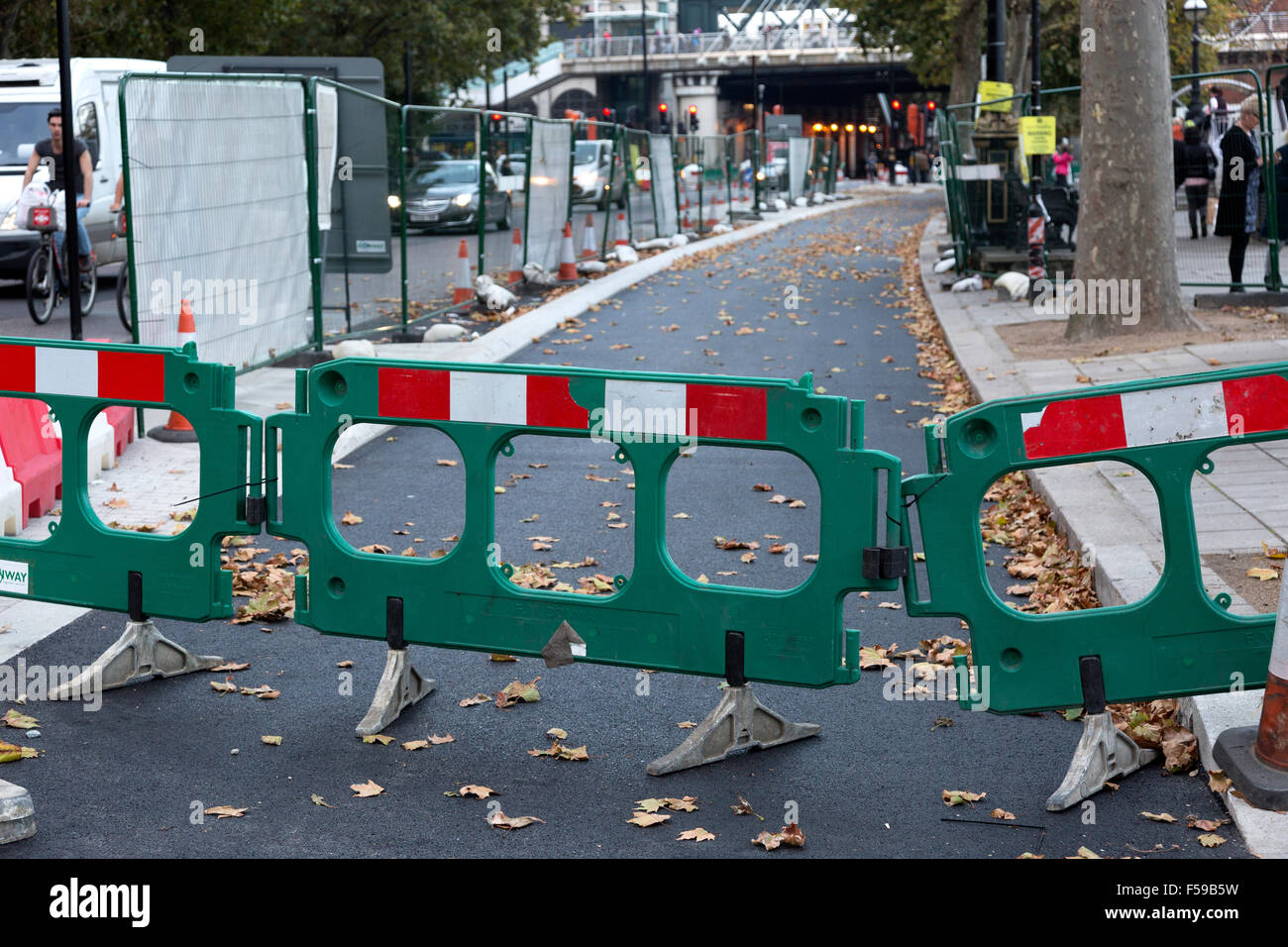 East-West Cycle Superhighway being constructed along Victoria Embankment, London Stock Photo