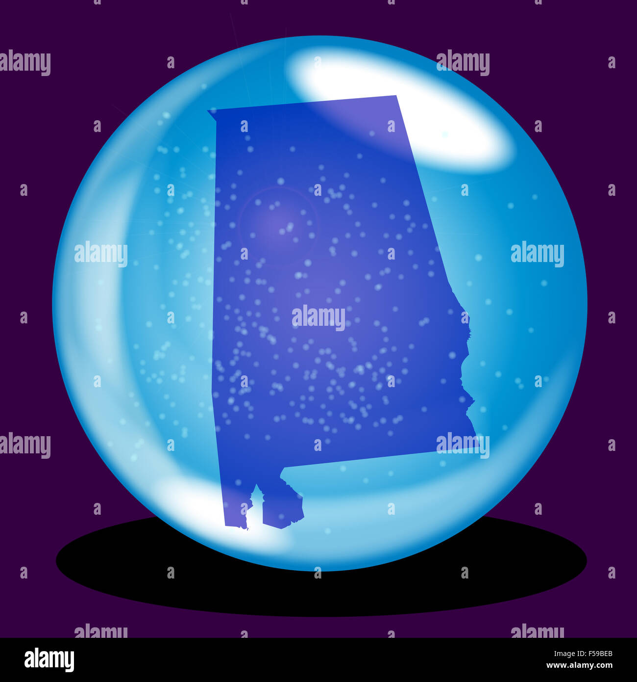 A crystal ball with the state of Alabama map and snow over a purple