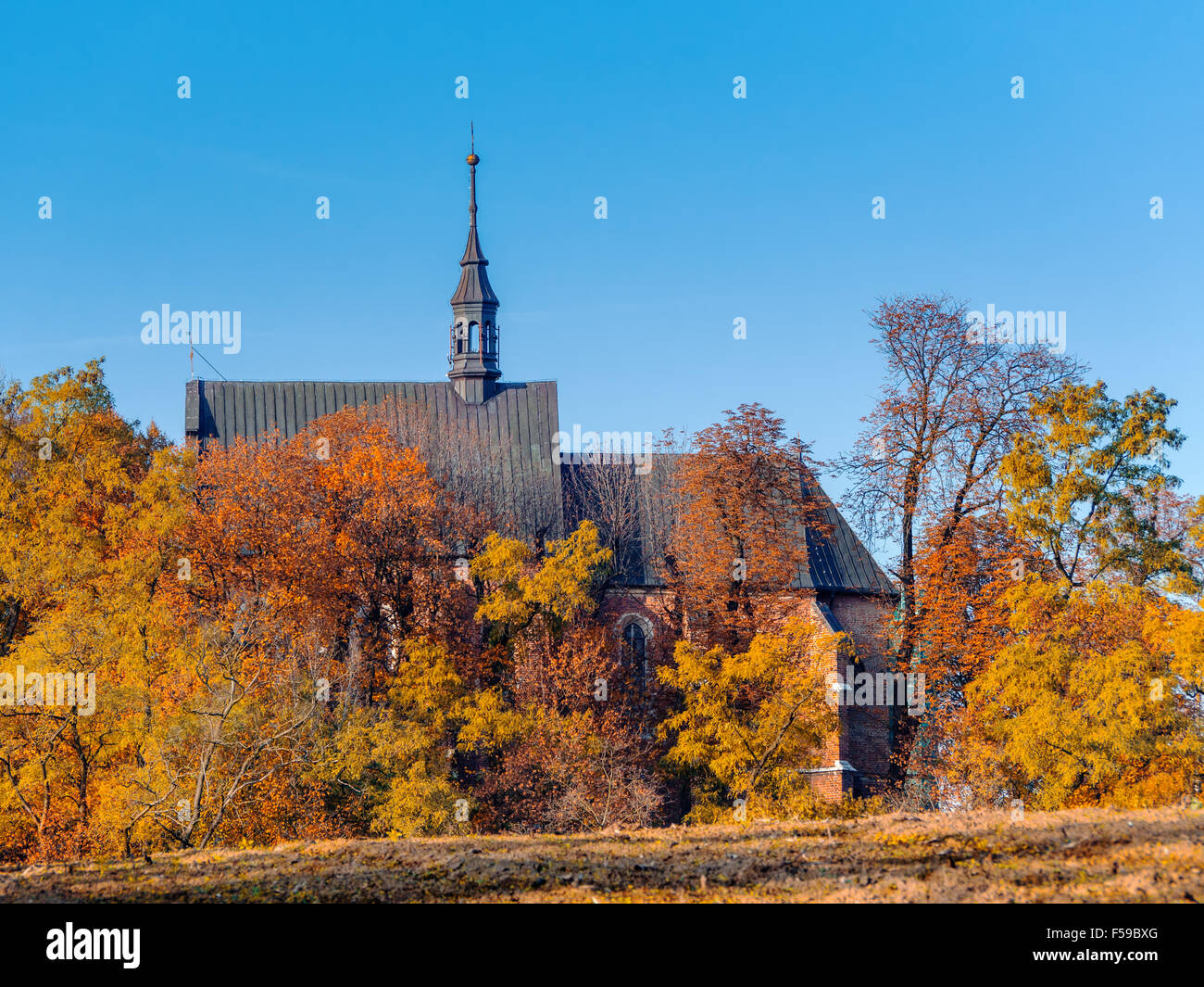 Countryside old catholic church surrounded by trees in fall colors with clear blue sky Stock Photo