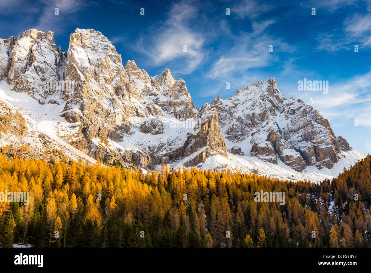 The Pale di San Martino massif in autumn. Val Venegia valley. The Dolomites of Paneveggio-Pale di San Martino Nature Park. Trentino. Italian Alps. Stock Photo