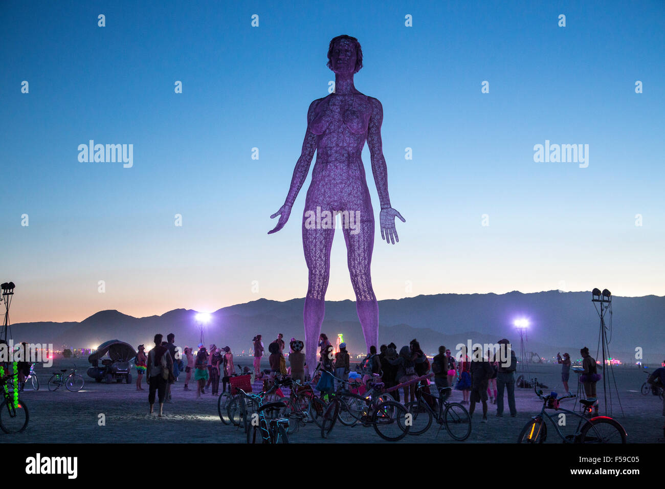 The R-Evolution art installation in the desert during the annual Burning Man festival September 1, 2015 in Black Rock City, Nevada. Burning Man's official art theme this year is 'Carnival of Mirrors' and is expected to be attended by 70,000 people for the week long event. Stock Photo