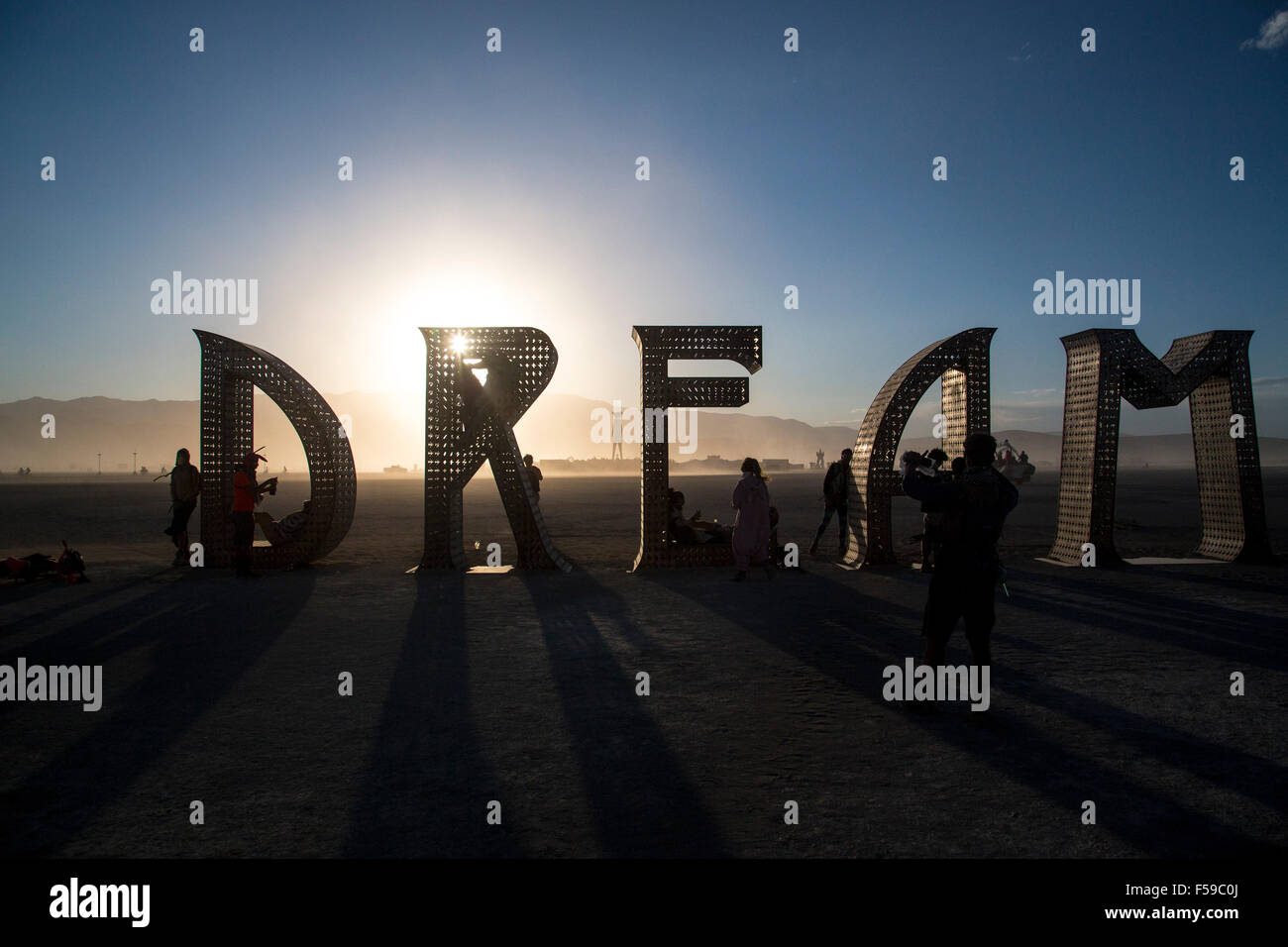 Dream art installation in the desert during the annual Burning Man festival September 1, 2015 in Black Rock City, Nevada. Burning Man's official art theme this year is 'Carnival of Mirrors' and is expected to be attended by 70,000 people for the week long event. Stock Photo